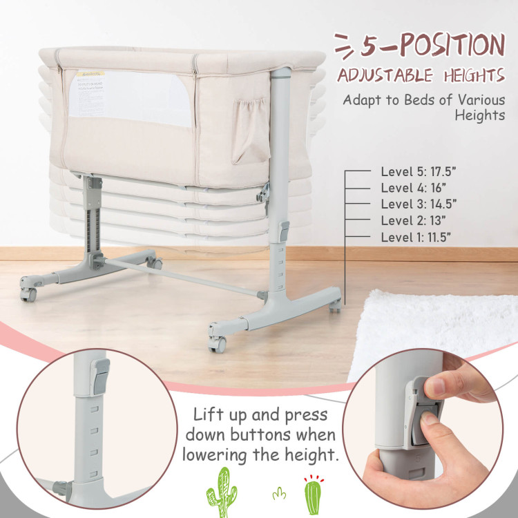 Portable Baby Bedside Bassinet with 5-level Adjustable Heights and Travel Bag-BeigeCostway Gallery View 3 of 10